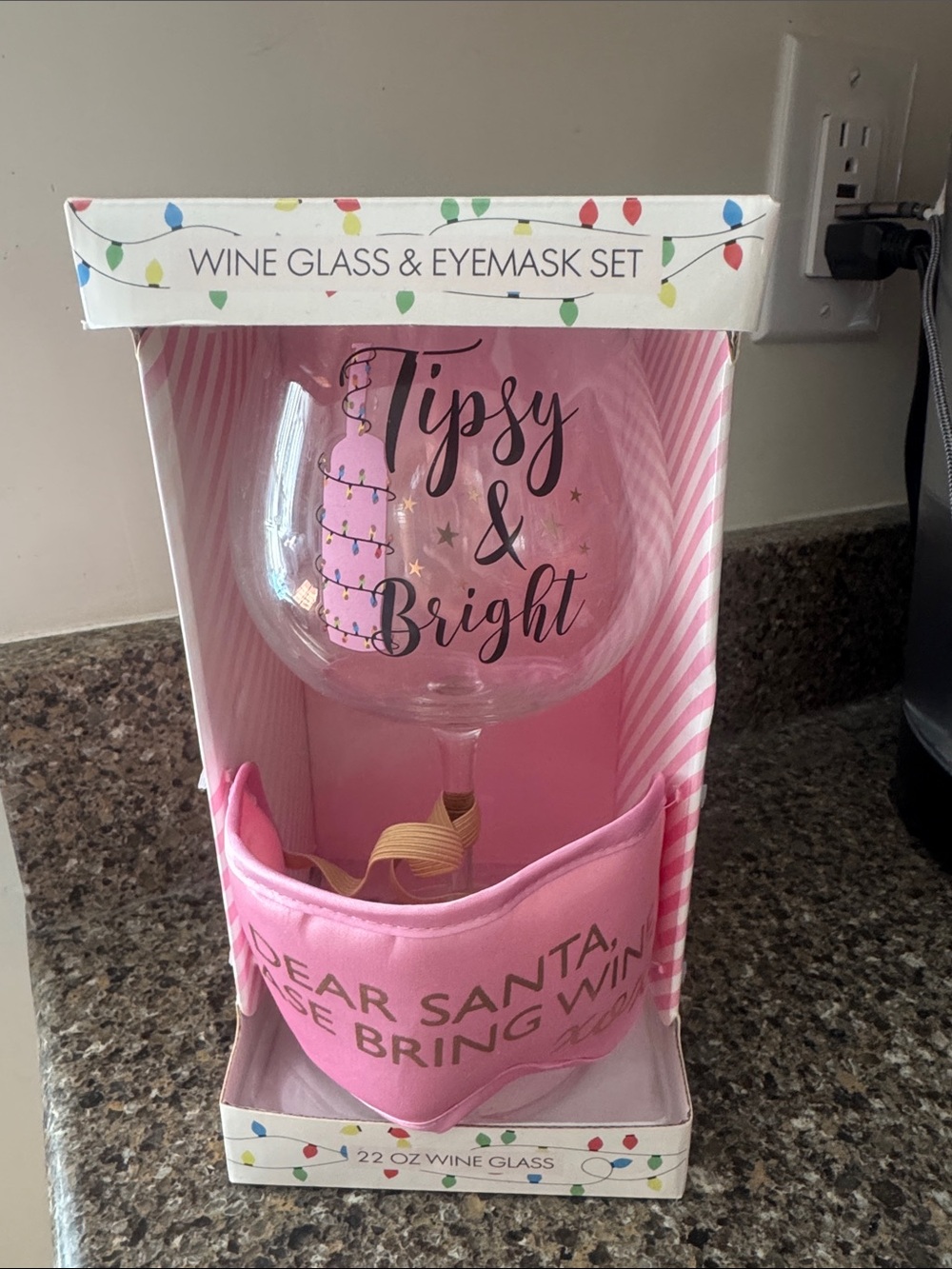 NEW Wine Glass & Eyemask Set - Pink "Tipsy & Bright" Holiday Lights Gift Set